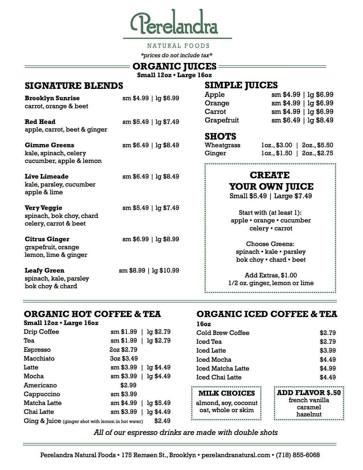 Menu: Organic Juices, Organic Hot Coffee & Tea, Organic Iced Coffee & Tea