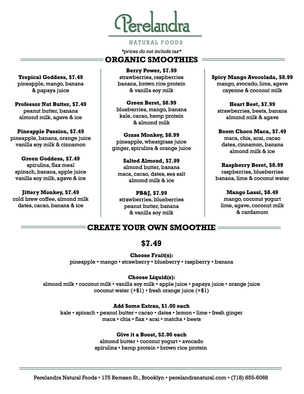 Smoothies Menu